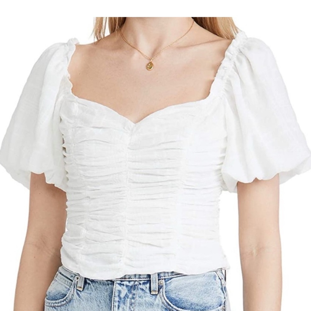 Astr White Ruched Puff Sleeve Sweetheart Top